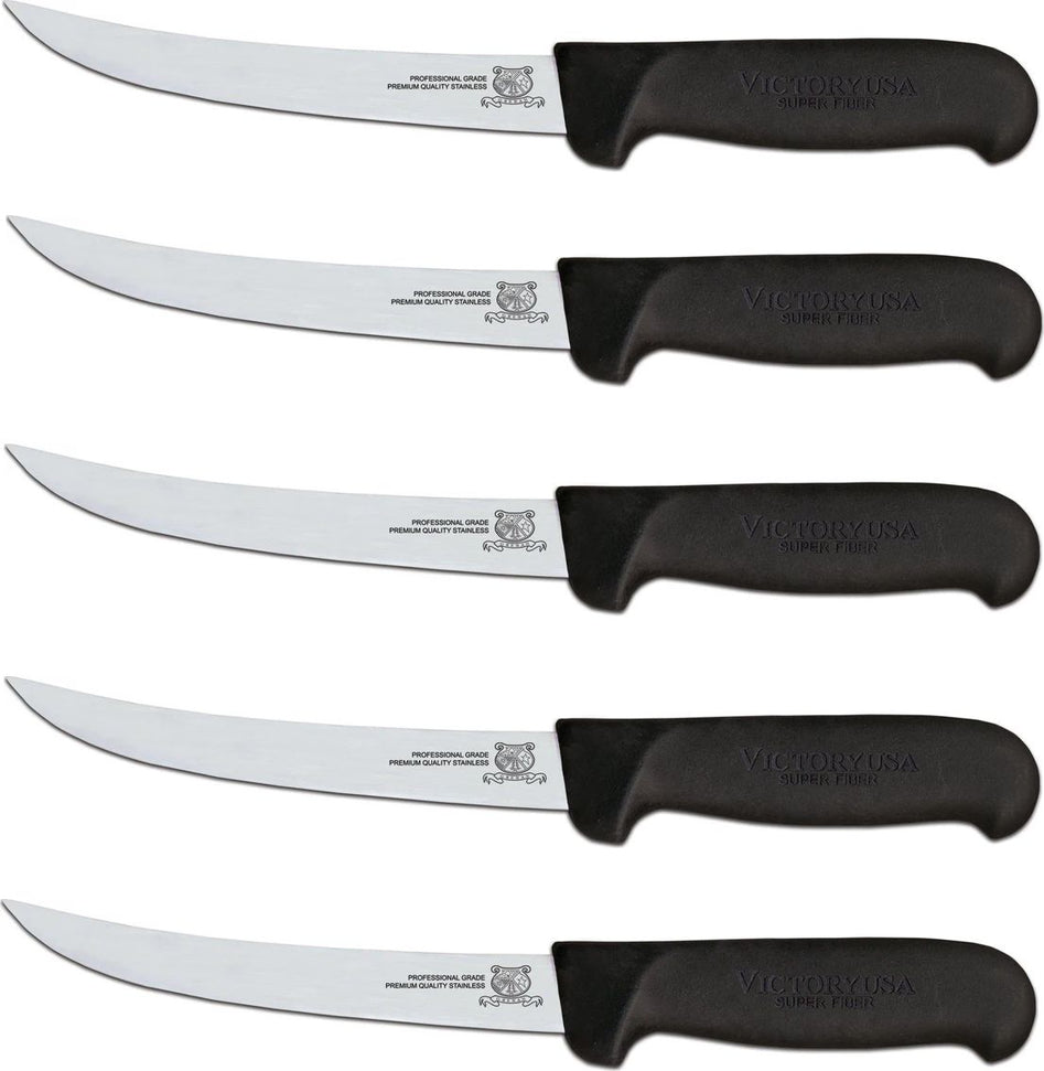 Omcan - 6” Black Handle Curved Blade Victoria USA Boning Knife, Pack of 5 - 12848
