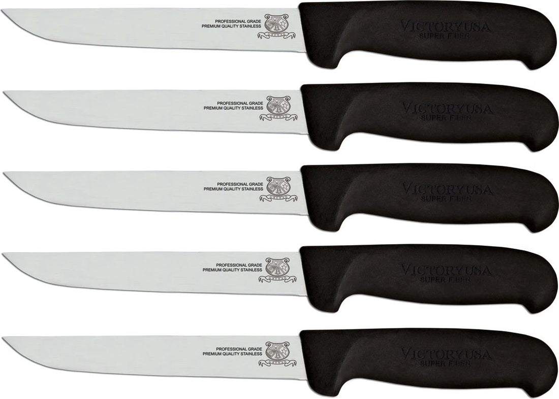 Omcan - 6” Black Super Fiber Handle Victoria USA Straight Blade Boning Knife, Pack of 10 - 12844