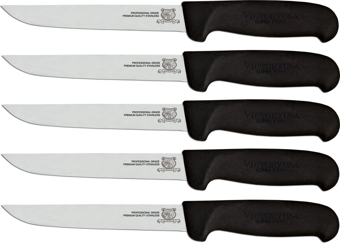 Omcan - 6” Black Super Fiber Handle Victoria USA Straight Blade Boning Knife, Pack of 5 - 12844