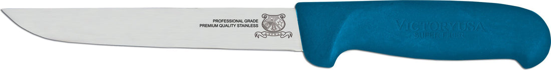 Omcan - 6” Blue Super Fiber Handle Victoria USA Straight Blade Boning Knife, Pack of 10 - 23866