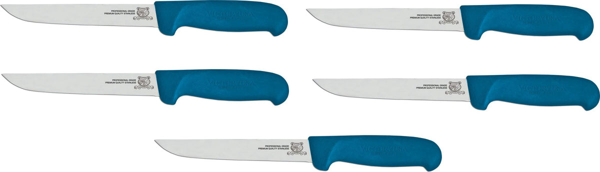 Omcan - 6” Blue Super Fiber Handle Victoria USA Straight Blade Boning Knife, Pack of 5 - 23866