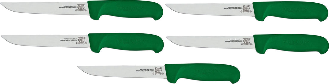 Omcan - 6” Green Super Fiber Handle Victoria USA Straight Blade Boning Knife, Pack of 5 - 23867