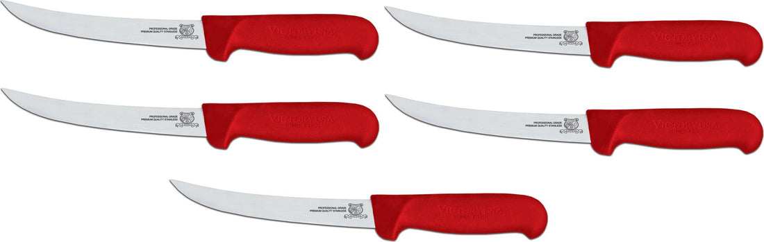 Omcan - 6” Red Handle Curved Blade Victoria USA Boning Knife, Pack of 5 - 23872
