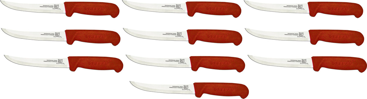 Omcan - 6" Red Handle Greban Curved Blade Boning Knife, Pack of 10 - 11786