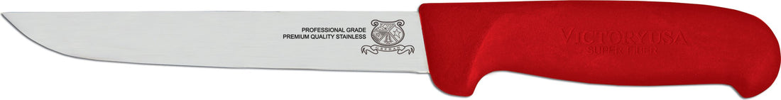Omcan - 6” Red Super Fiber Handle Victoria USA Straight Blade Boning Knife, Pack of 5 - 23868