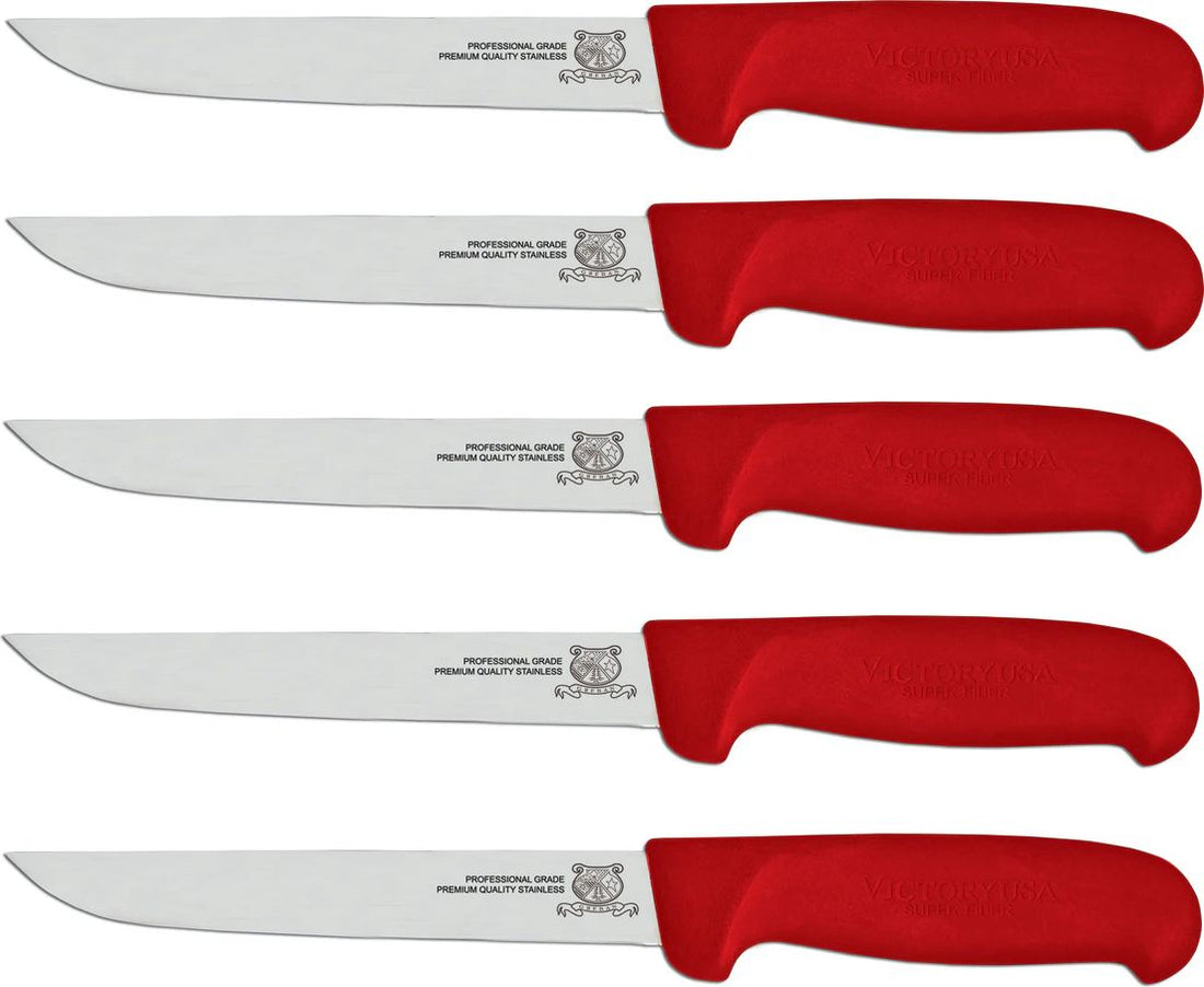 Omcan - 6” Red Super Fiber Handle Victoria USA Straight Blade Boning Knife, Pack of 5 - 23868