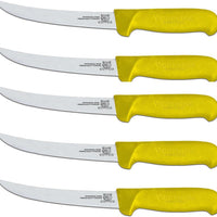 Omcan - 6” Yellow Handle Curved Blade Victoria USA Boning Knife, Pack of 5 - 23873