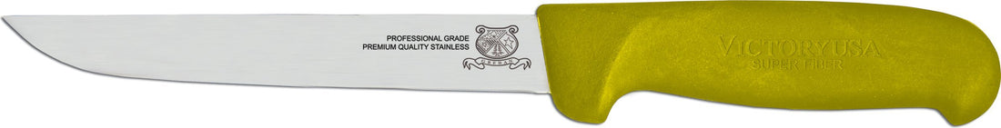 Omcan - 6” Yellow Super Fiber Handle Victoria USA Straight Blade Boning Knife, Pack of 5 - 23869