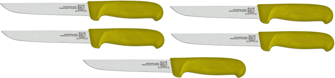 Omcan - 6” Yellow Super Fiber Handle Victoria USA Straight Blade Boning Knife, Pack of 5 - 23869