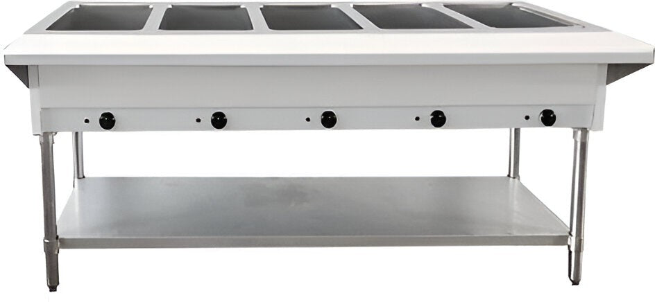 Omcan - 72″ 5 Pan Open Well Electric Steam Table with Cutting Board and Adjustable Undershelf - 46648