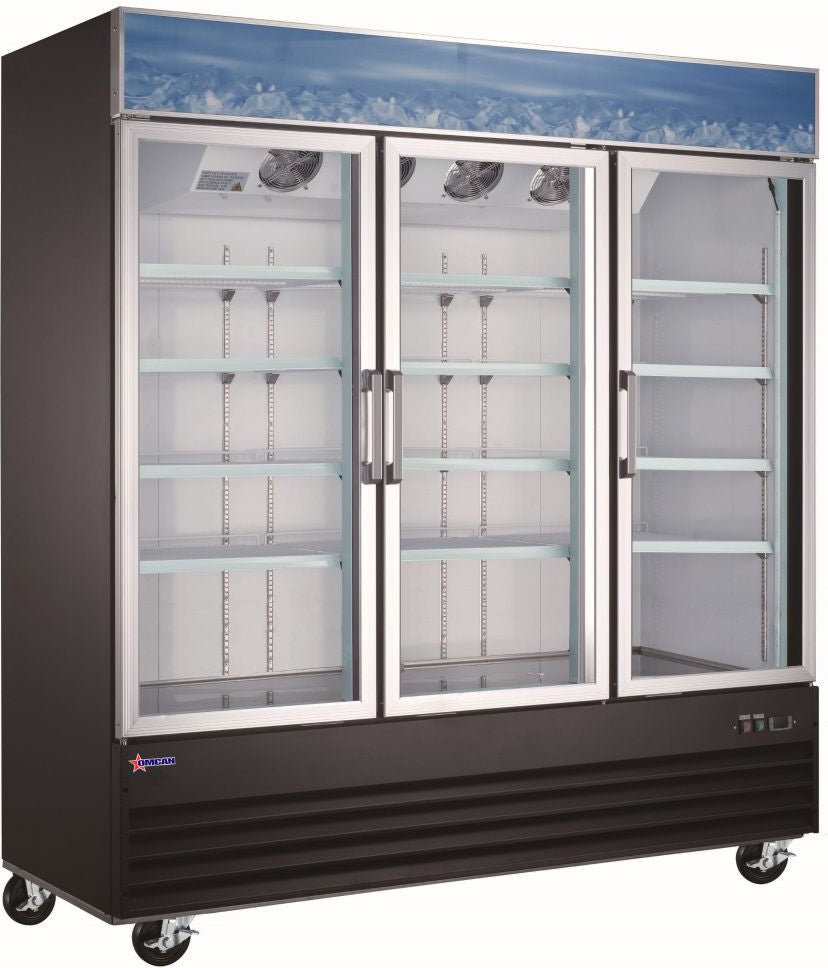 Omcan - 78" Black Triple Door Swing Glass Door Refrigerator - 51052