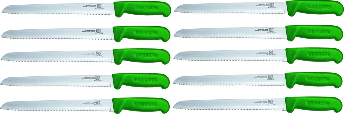 Omcan - 8” Slicer Knife with Narrow R-Wave Blade & Green Handle, Pack of 10 - 12617