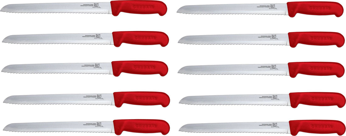 Omcan - 8” Slicer Knife with Narrow R-Wave Blade & Red Handle, Pack of 10 - 12622