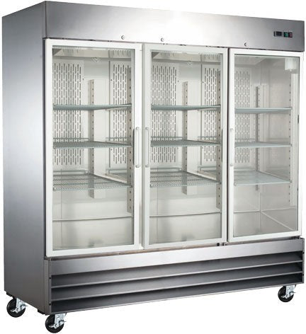 Omcan - 81″ Stainless Steel Reach in Refrigerator Triple Glass Doors With 72 Cu.Ft. Capacity - 51028
