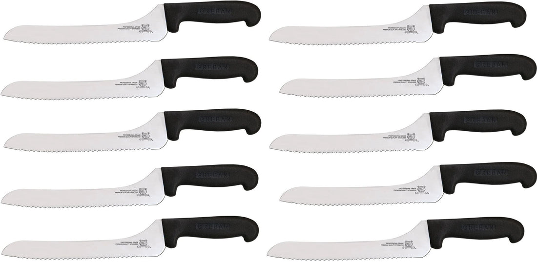 Omcan - 9” Off-Set Wave Edge Blade Slicer Knife with Black Handle, Pack of 10 - 12427