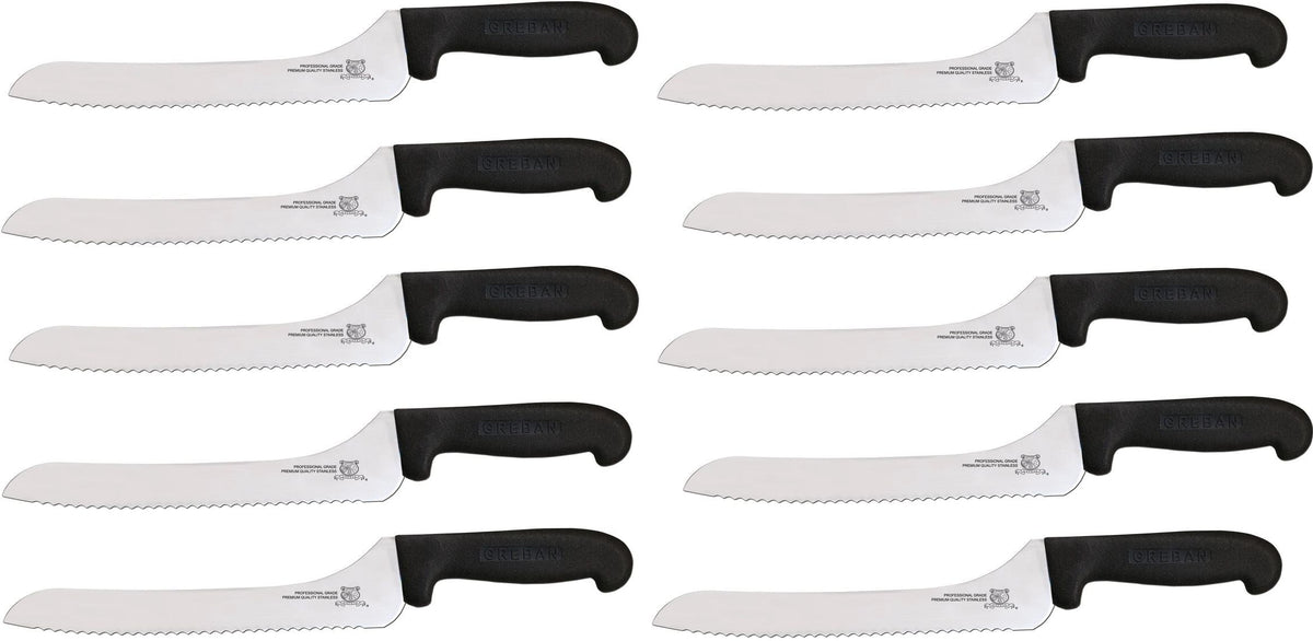 Omcan - 9” Off-Set Wave Edge Blade Slicer Knife with Black Handle, Pack of 10 - 12427