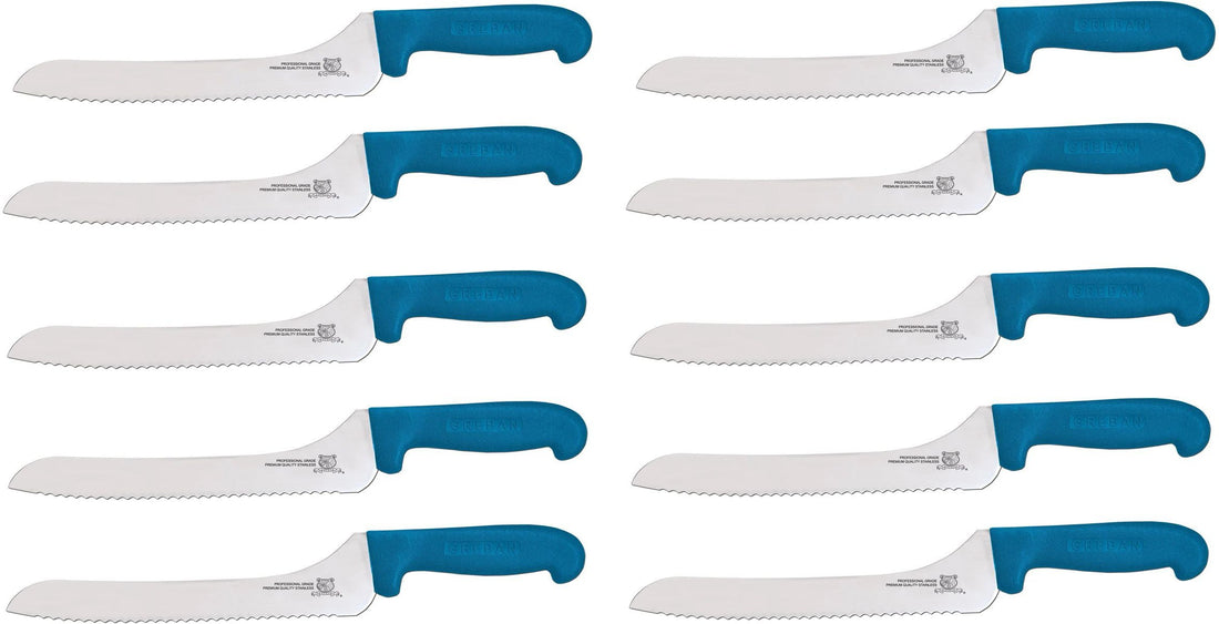 Omcan - 9” Off-Set Wave Edge Blade Slicer Knife with Blue Handle, Pack of 10 - 12434