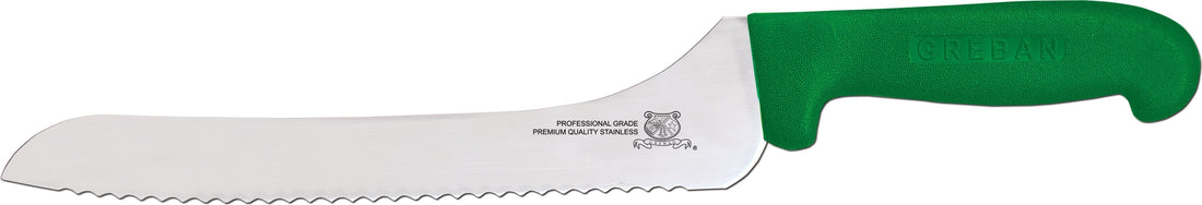 Omcan - 9” Off-Set Wave Edge Blade Slicer Knife with Green Handle, Pack of 10 - 12437