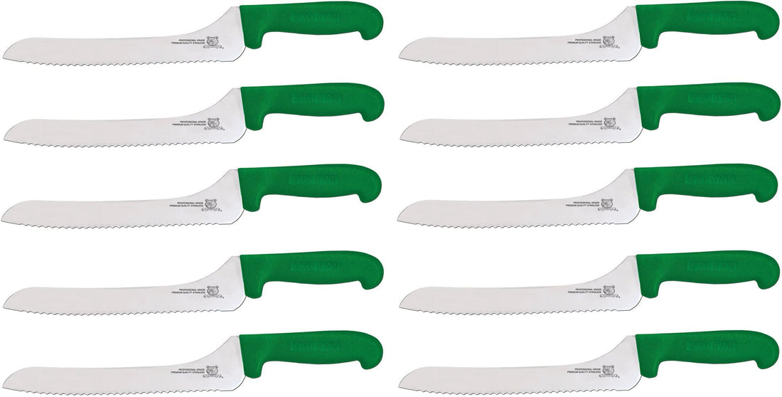 Omcan - 9” Off-Set Wave Edge Blade Slicer Knife with Green Handle, Pack of 10 - 12437