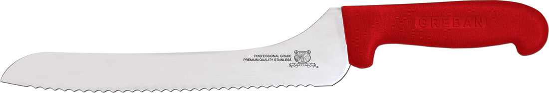 Omcan - 9” Off-Set Wave Edge Blade Slicer Knife with Red Handle, Pack of 10 - 12440