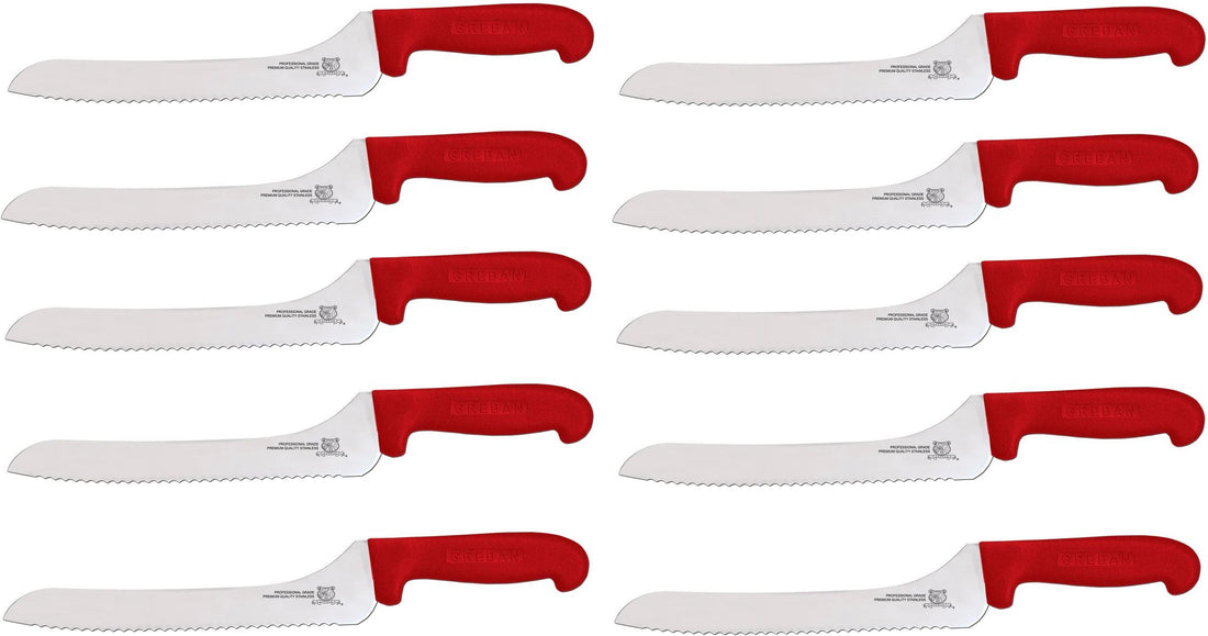 Omcan - 9” Off-Set Wave Edge Blade Slicer Knife with Red Handle, Pack of 10 - 12440