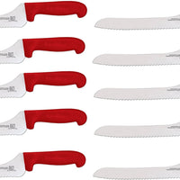 Omcan - 9” Off-Set Wave Edge Blade Slicer Knife with Red Handle, Pack of 10 - 12440