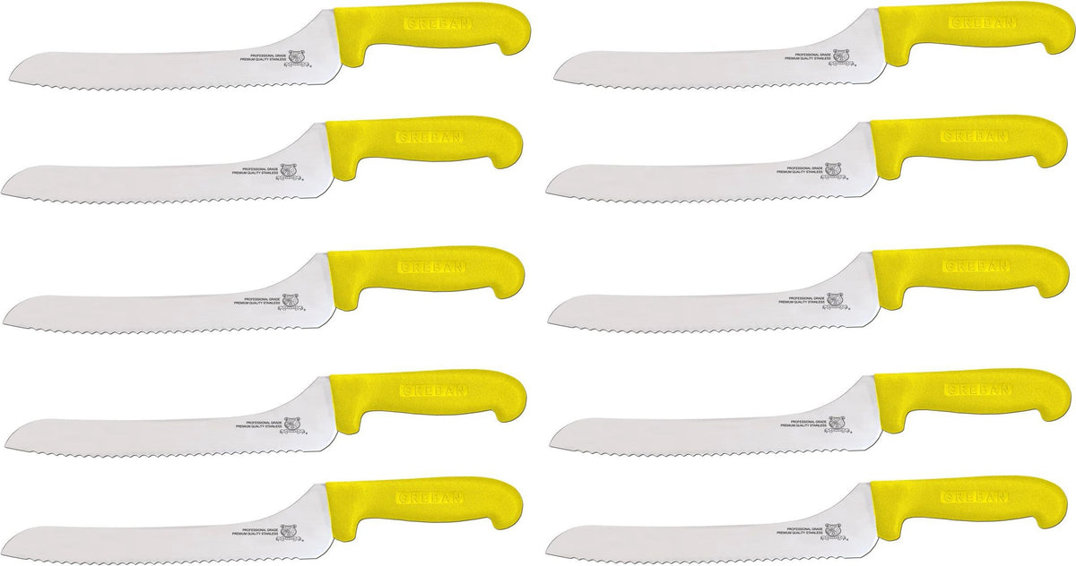 Omcan - 9” Off-Set Wave Edge Blade Slicer Knife with Yellow Handle, Pack of 10 - 12444