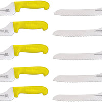 Omcan - 9” Off-Set Wave Edge Blade Slicer Knife with Yellow Handle, Pack of 10 - 12444