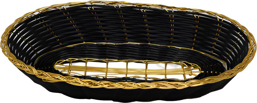 Omcan - 9" x 4.25" x 2" Long Oval Woven Basket Black With Golden Trim, Pack of 30 - 47193