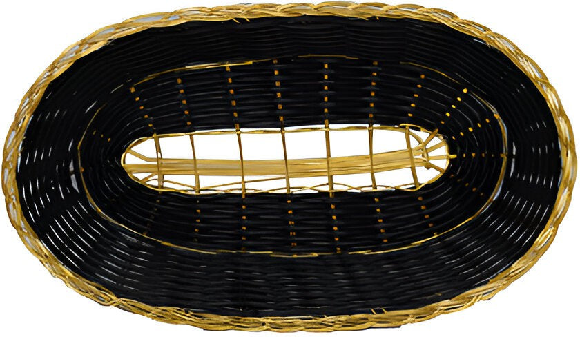Omcan - 9" x 6.25" x 2.25" Long Oval Woven Basket Black With Golden Trim, Pack of 20 - 47194