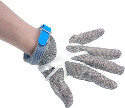 Omcan - Large Five Finger Stainless Steel Mesh Glove with Blue Silicone Strap - 44350