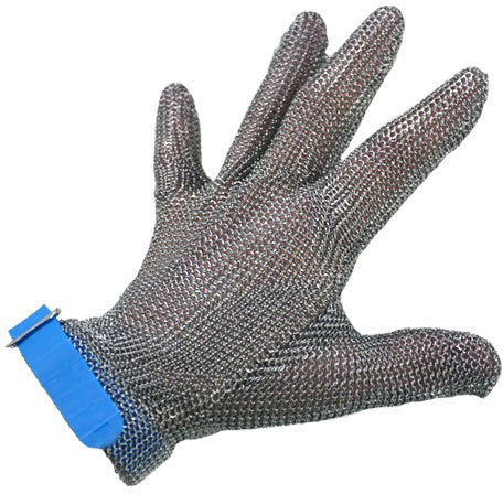 Omcan - Large Five Finger Stainless Steel Mesh Glove with Blue Silicone Strap - 44350