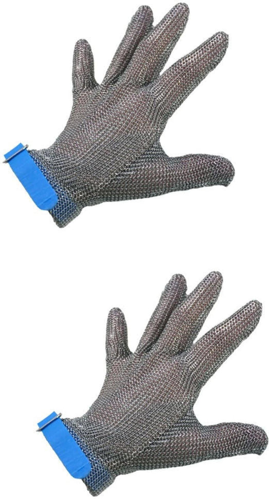Omcan - Large Five Finger Stainless Steel Mesh Glove with Blue Silicone Strap, Pack of 2 - 44350