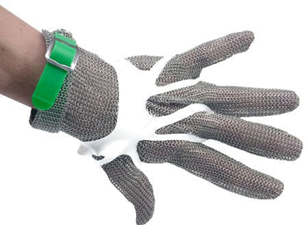 Omcan - Large Five Finger Stainless Steel Mesh Glove with Green Silicone Strap - 44353
