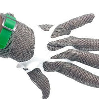 Omcan - Large Five Finger Stainless Steel Mesh Glove with Green Silicone Strap, Pack of 2 - 44353