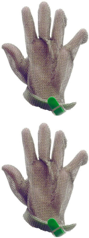 Omcan - Large Five Finger Stainless Steel Mesh Glove with Green Silicone Strap, Pack of 2 - 44353