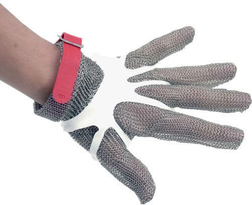 Omcan - Medium Five Finger Stainless Steel Mesh Glove with Red Silicone Strap - 44351