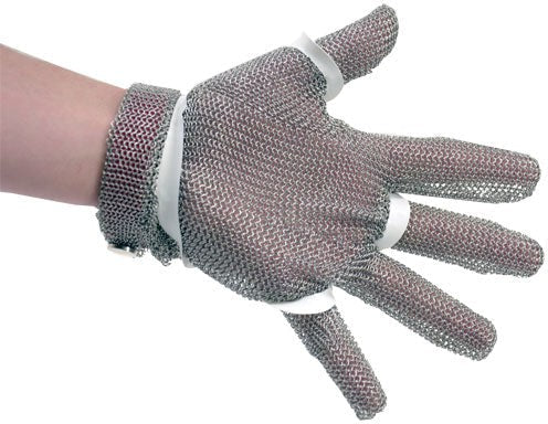 Omcan - Medium Five Finger Stainless Steel Mesh Glove with Red Silicone Strap - 44351