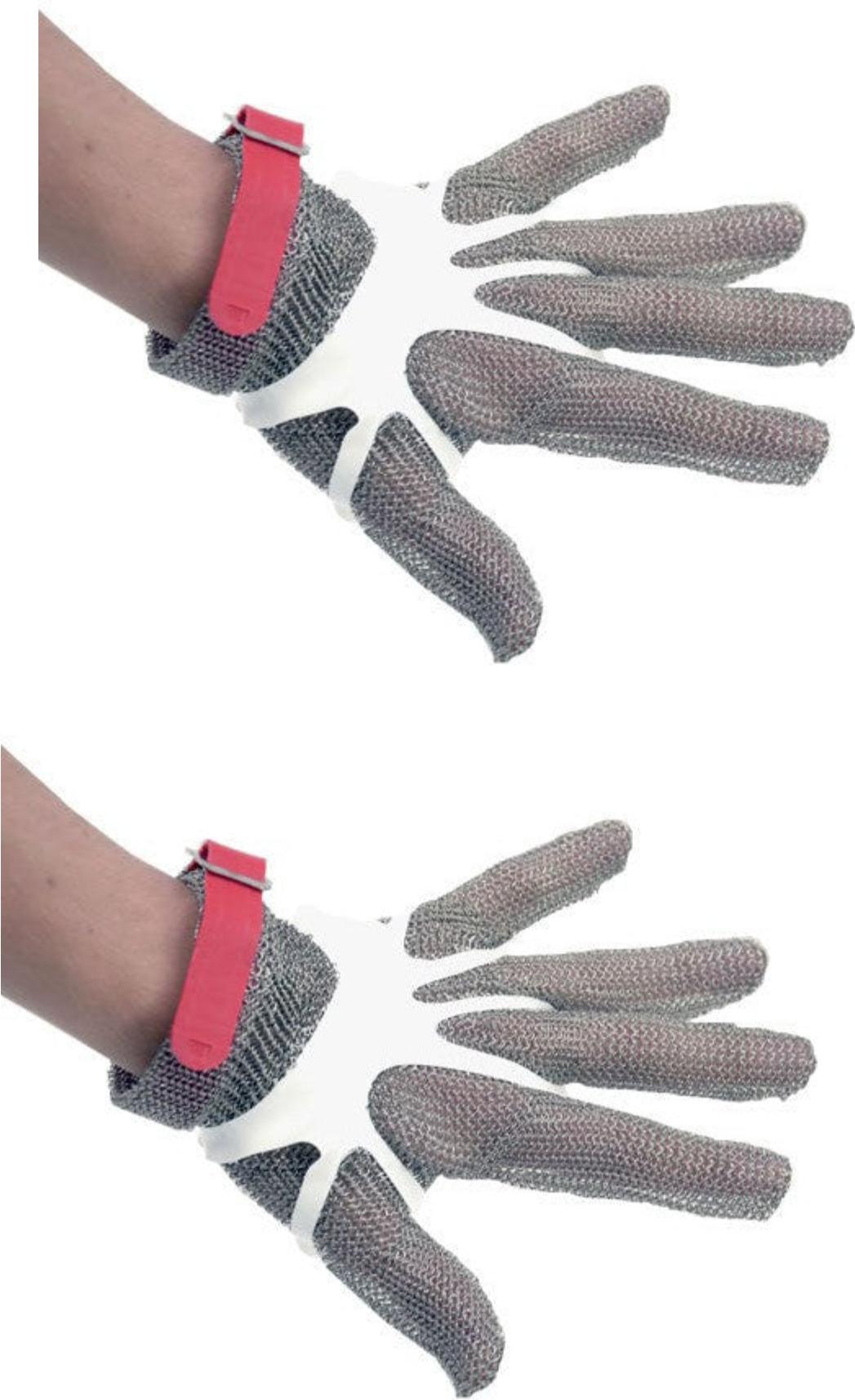 Omcan - Medium Five Finger Stainless Steel Mesh Glove with Red Silicone Strap - 44351