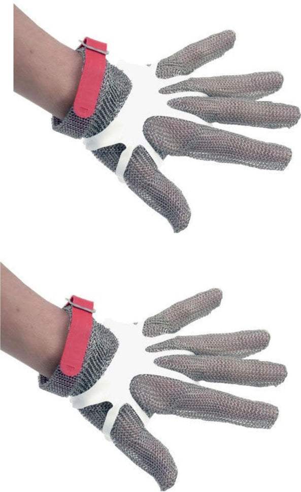 Omcan - Medium Five Finger Stainless Steel Mesh Glove with Red Silicone Strap, Pack of 2 - 44351