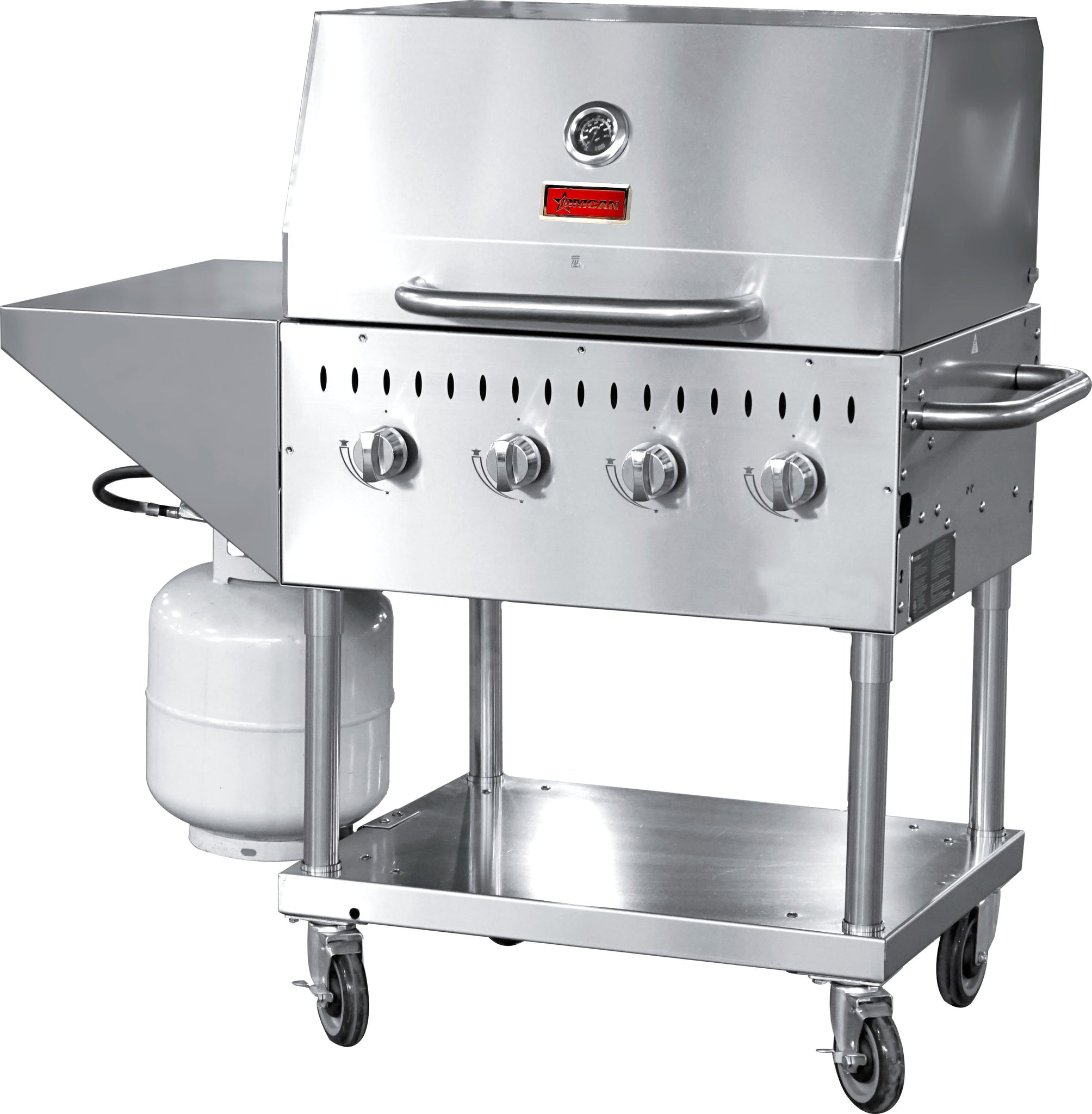 Omcan - Stainless Steel 4 Burners Propane Outdoor BBQ Grill with Top And Side Shelf - CE-CN-0030-S LP