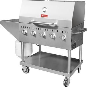 Omcan - Stainless Steel 5 Burners Propane Outdoor BBQ Grill with Top And Side Shelf - CE-CN-0036-S 1 LP