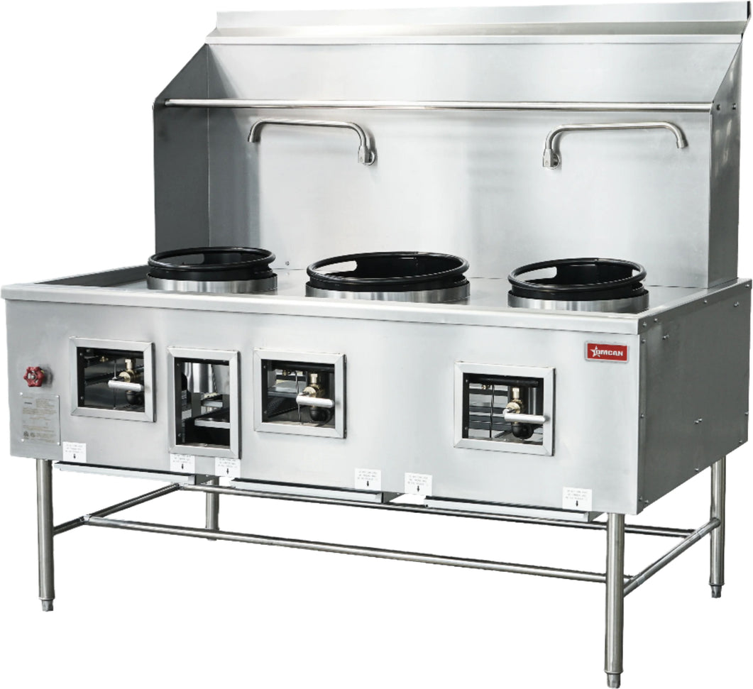 Omcan - Three Chamber Natural Gas Wok Range with 2 x13″ & 16″ Rings - 48409