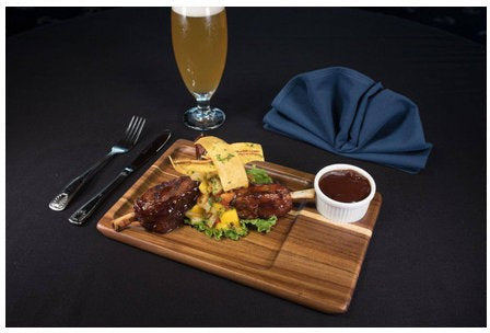On The Table - 12" x 8" Brown Acacia Wood Medium Plate With Ramekin Hole, Pack of 12 - 128