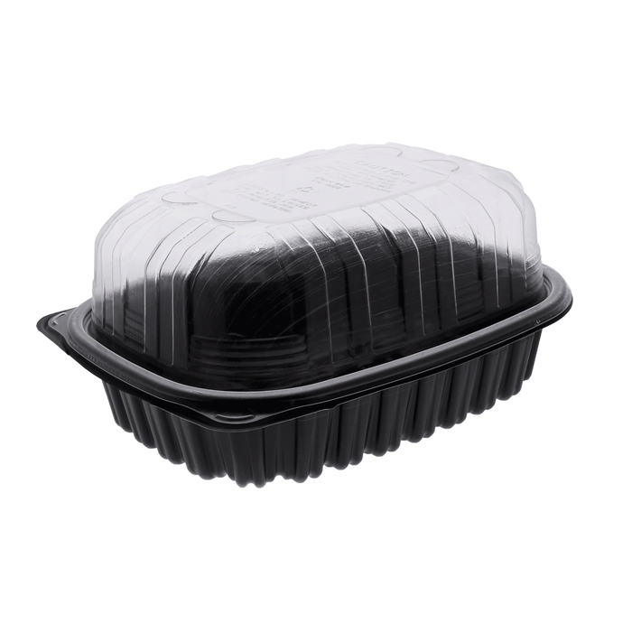 Pactiv Evergreen - 10" x 7" x 4.5" Large/Medium Roaster Hot/Cold Display, Takeout Container, Black Base with Clear Dome, Pack of 100- YCNC600800DZE