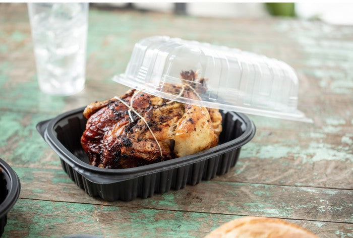 Pactiv Evergreen - 10" x 7" x 4.5" Large/Medium Roaster Hot/Cold Display, Takeout Container, Black Base with Clear Dome, Pack of 100- YCNC600800DZE