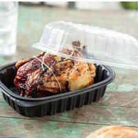 Pactiv Evergreen - 10" x 7" x 4.5" Large/Medium Roaster Hot/Cold Display, Takeout Container, Black Base with Clear Dome, Pack of 100- YCNC600800DZE