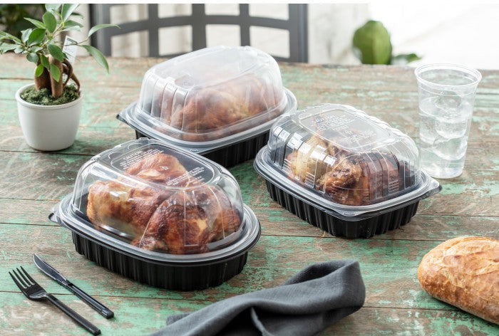 Pactiv Evergreen - 10" x 7" x 4.5" Large/Medium Roaster Hot/Cold Display, Takeout Container, Black Base with Clear Dome, Pack of 100- YCNC600800DZE