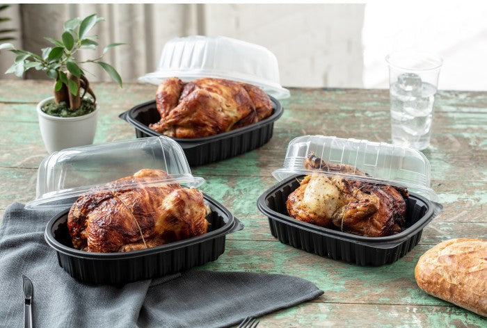 Pactiv Evergreen - 10" x 7" x 4.5" Large/Medium Roaster Hot/Cold Display, Takeout Container, Black Base with Clear Dome, Pack of 100- YCNC600800DZE