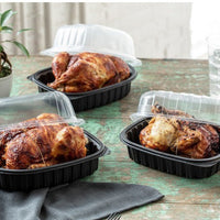 Pactiv Evergreen - 10" x 7" x 4.5" Large/Medium Roaster Hot/Cold Display, Takeout Container, Black Base with Clear Dome, Pack of 100- YCNC600800DZE